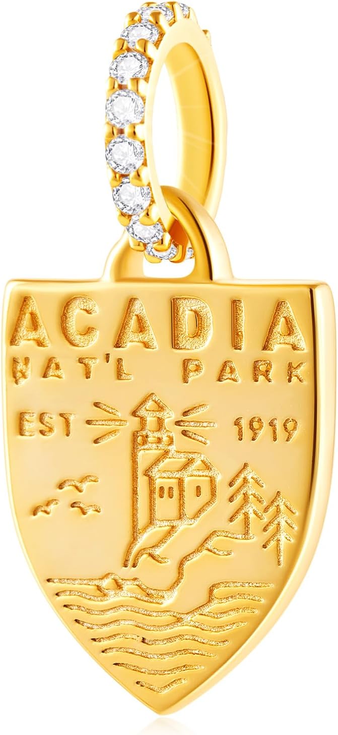 Acadia National Park Shield Dangle Charms, fit Pandora Travel Bracelet/Necklace, 925 Sterling Silver Lighthouse Maine Pendant Bead, Gift for Sister/USA Souvenir/Aunt