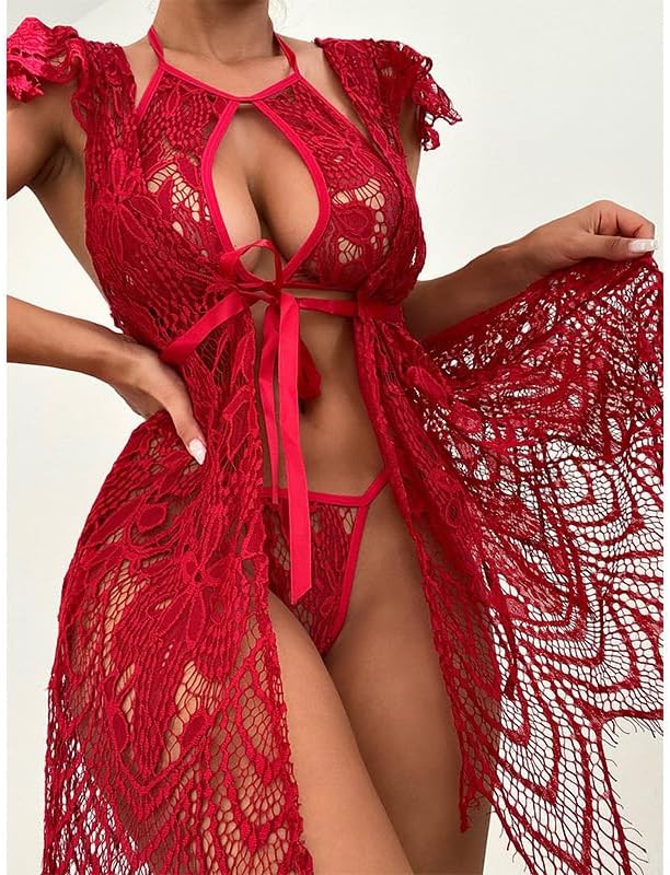 Women Sexy Lingerie Set 3 Piece Lace Teddy Cosplay with Mesh Kimono Robe Bodysuit Nightgown