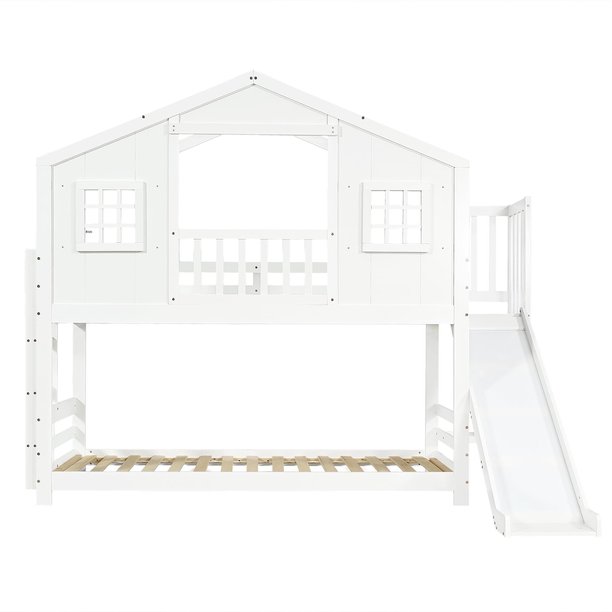 Etagenbett mit Kinderrutsche, Kinderbett, Exquisites Fenster- und Dachdesign, Stabiler Lattenrost und Stufen, Kiefer + MDF+Sperrholz, Weiß, 90x200cm