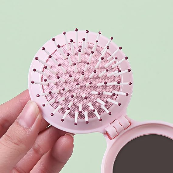 Mini Folding Hair Brush with Mirror, Compact Pop up Pocket Brush, Small Travel Size Flip Hair Brush for PurseBackpack,Pink