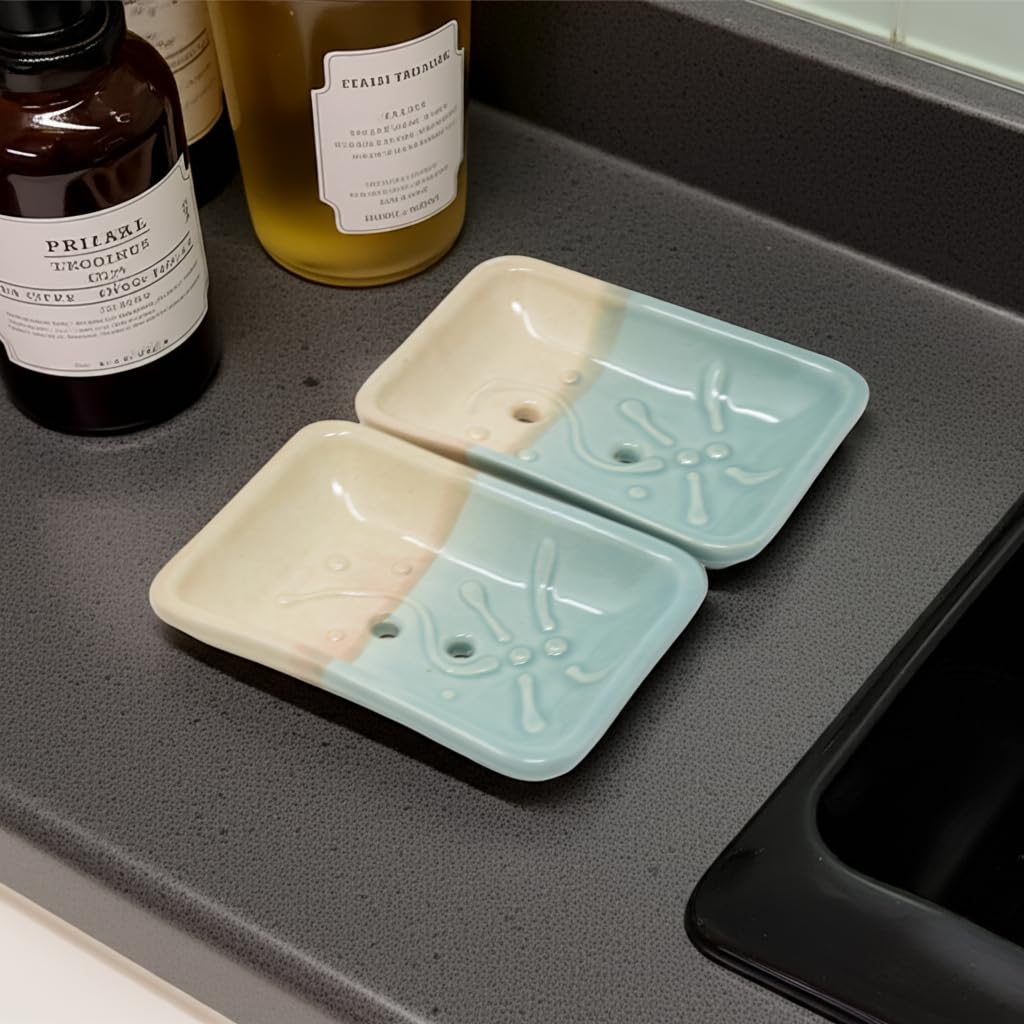 The Himalayan Goods Company - Stoneware Ceramic Handmade Soap Dish or Soap Trays or Soap Holders 5 x 3.5 inches (Sea Green and Beige)