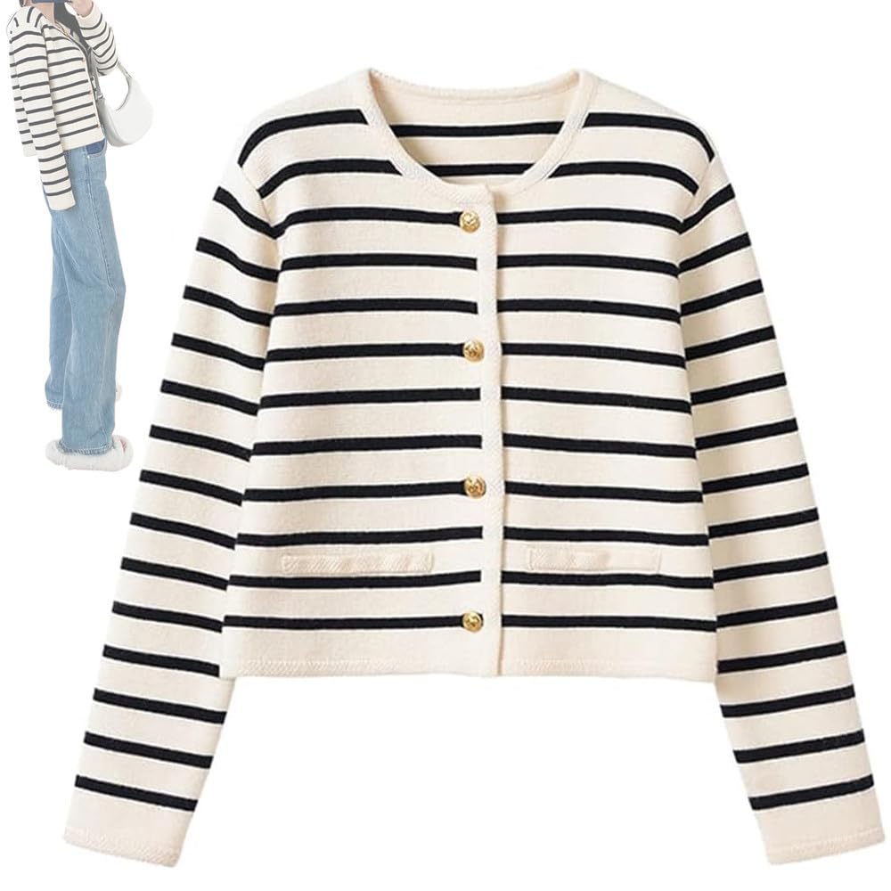 Lady Patch Pocket Cardigan, Women Stripe Knitted Cropped Gold Buttons Long Sleeve Round Neck Open Front Casual Sweater (One Size,Black)