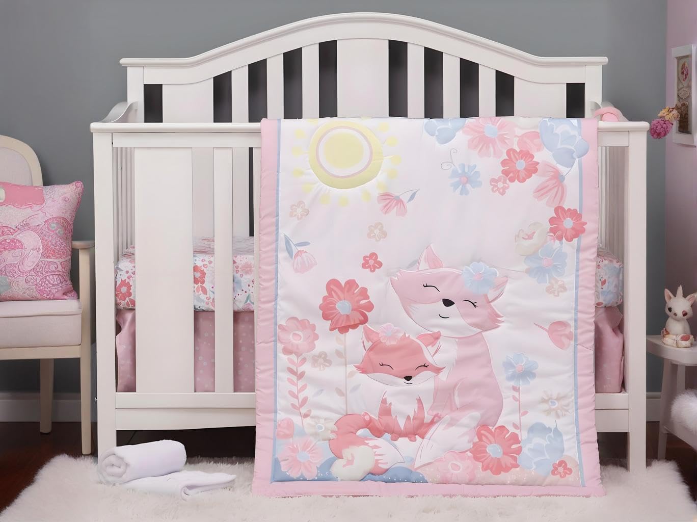 JHLCARPET Animals 3pcs Baby Crib Bedding Set (Quilt, Fitted Crib Sheet, Crib Skirt) Pink Nursery Bedding Set for Girls Crib Bedding Sets for Girls (Fox)