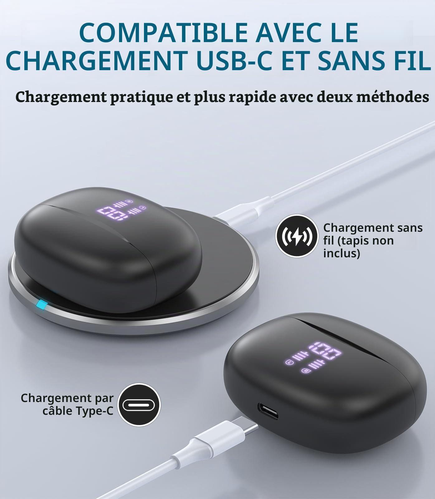 Écouteurs sans fil Bluetooth 5.3, écouteurs intra-auriculaires sans fil 2026, écouteurs à basses profondes 50H, chargeur sans fil étanche IPX5 pour le sport et écouteurs USB-C, casque à double microph