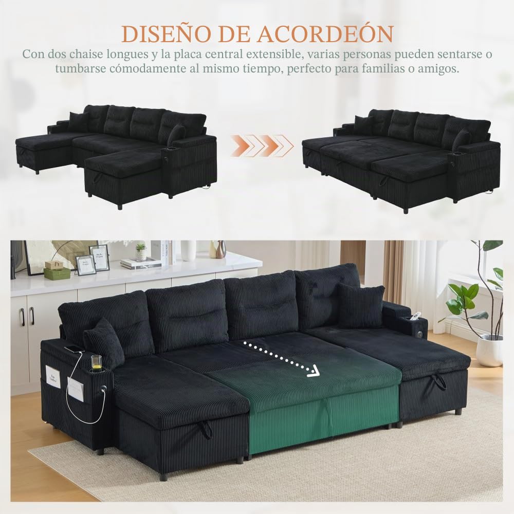 Lubvtti Sofá cama de 4 plazas con portavasos, puertos USB, almacenamiento integrado, sofá de 4 plazas moderno de pana, sofá esquinero en forma de U con chaise longue (negro + 4 plazas)