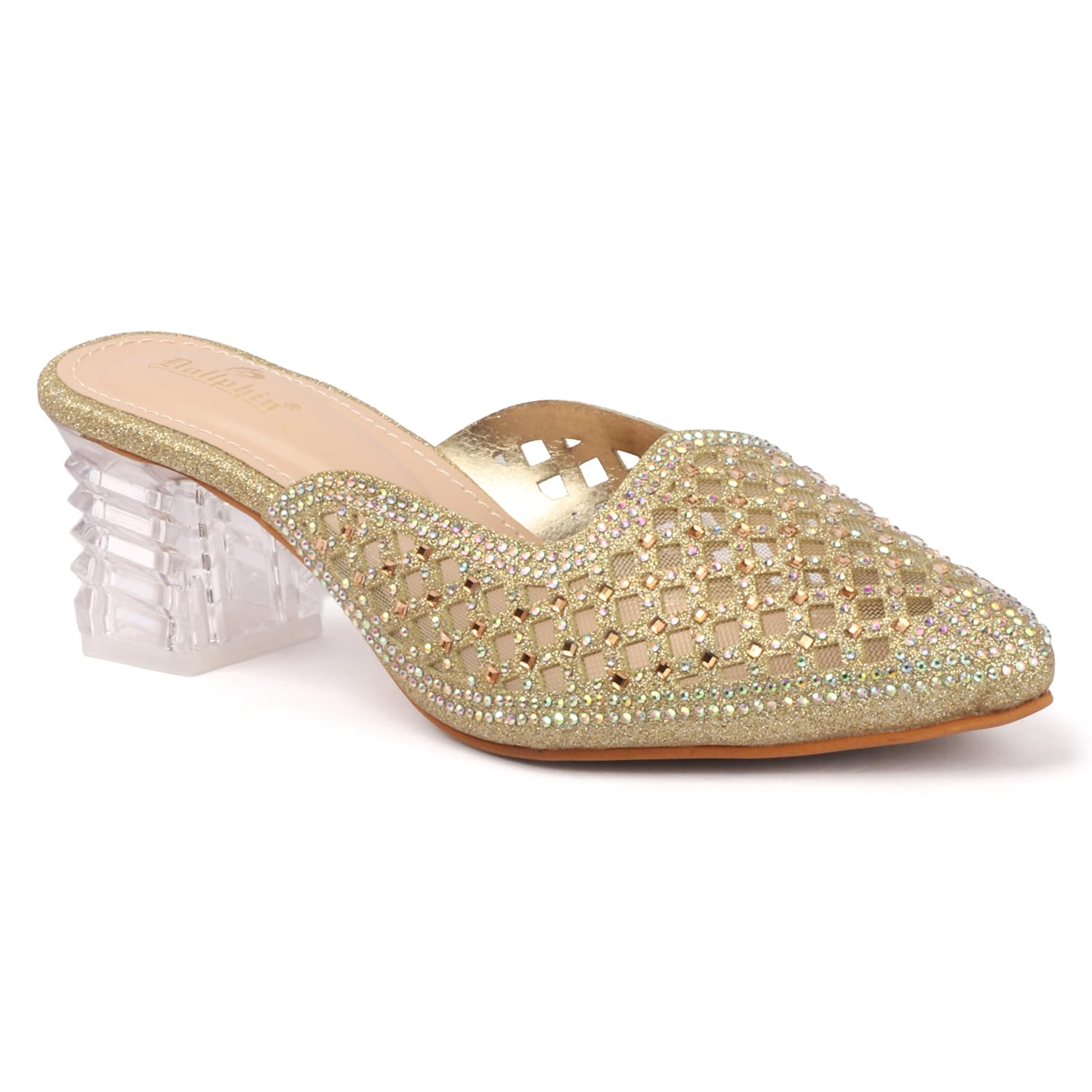 dollphin Women Champagne Crystal Studded Block Heel Mules Rhinestone Net DRN-30-picture-39
