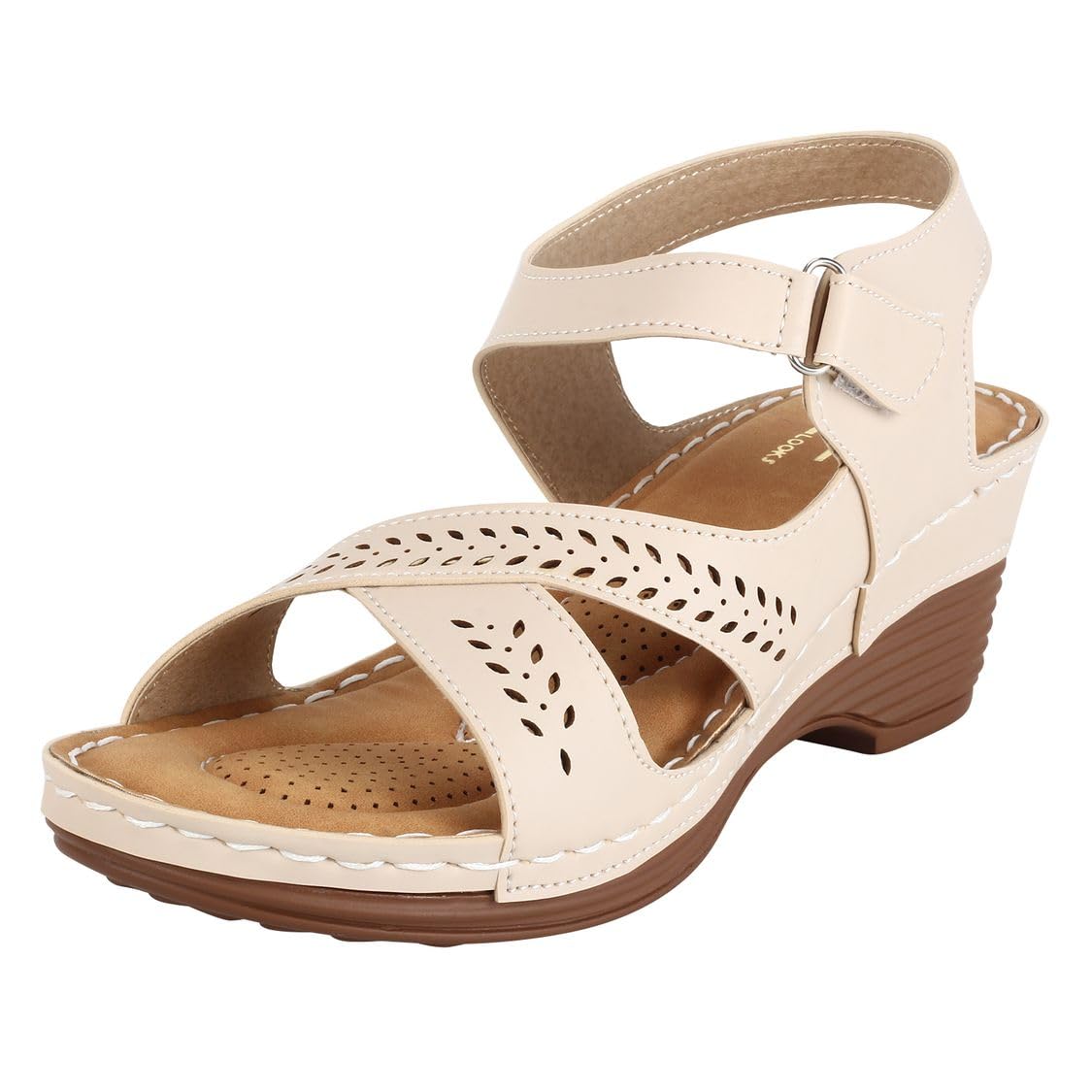 XE Looks Women's Cream Orthopedic Sandals with Adjustable Ankle Strap | Stylish Perforated Design and Cushioned Wedge Heel For Girls & Women