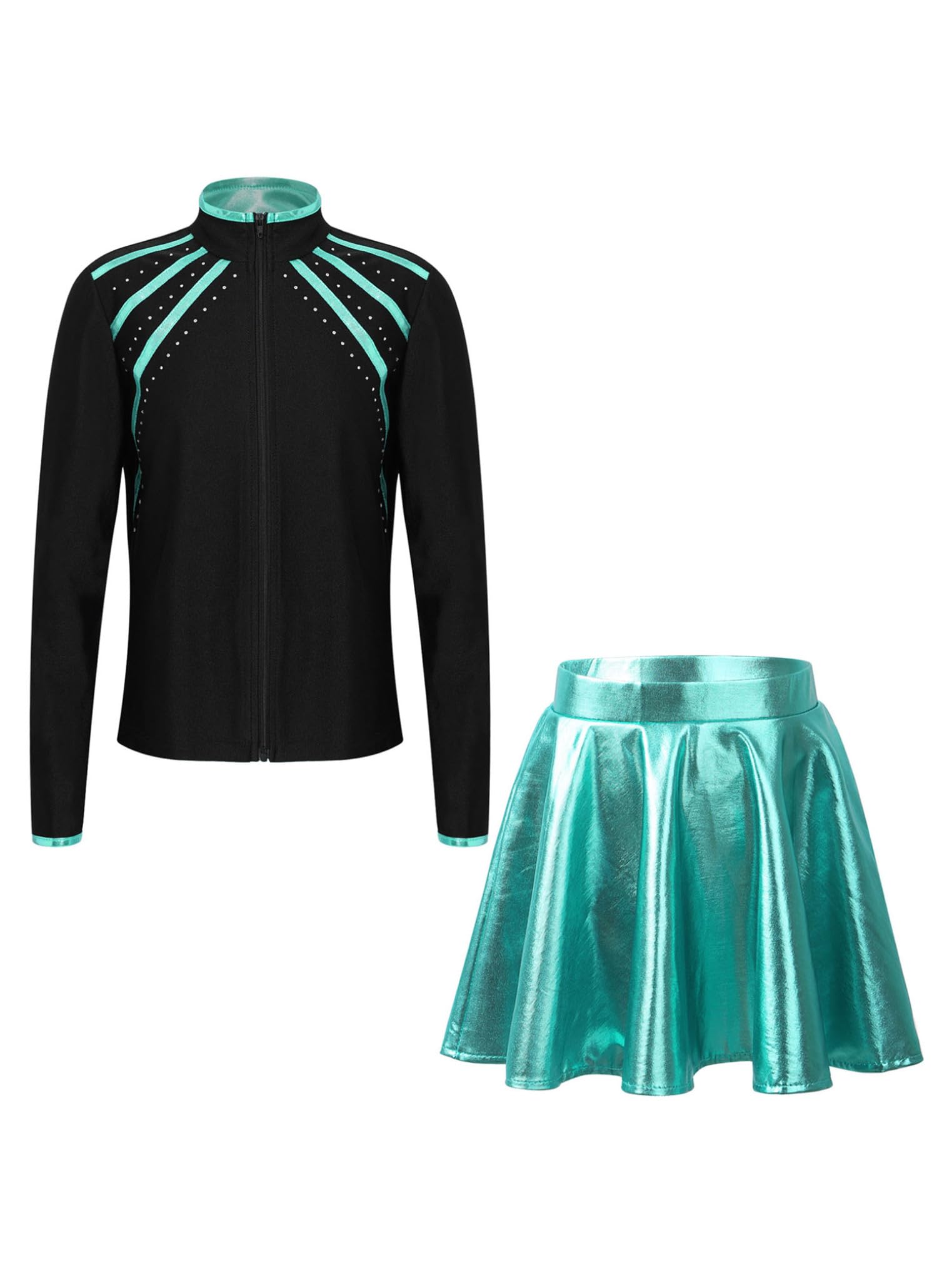 Yeahdor Girls Figure Skating Outfit Long Sleeve Shiny Ice Skating Jacket with A-Line Skirt Dancing Performance Costume Blue Green 16 Years