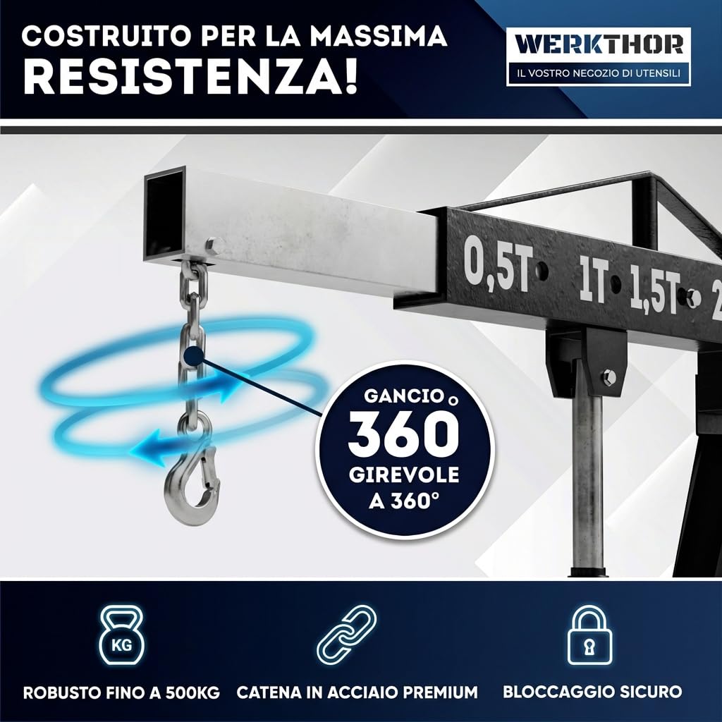 WERKTHOR Grúa de taller – 500 kg de grúa hidráulica no plegable – grúa de motor para coche negro con 4 ruedas y cadena equilibradora – elevador de motor para desmontaje de motor – taller y hobby