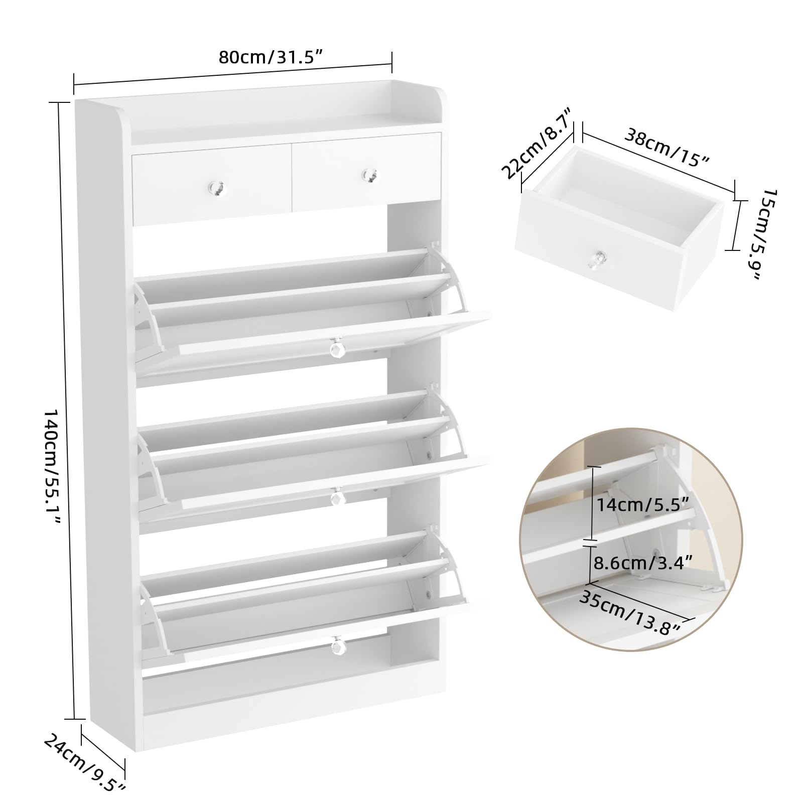 VOWNER Scarpiera Slim, Portascarpe Salvaspazio 4 Ante, Bianco | Mobile da ingresso in legno con ante a ribalta regolabili e doppia profondità.
