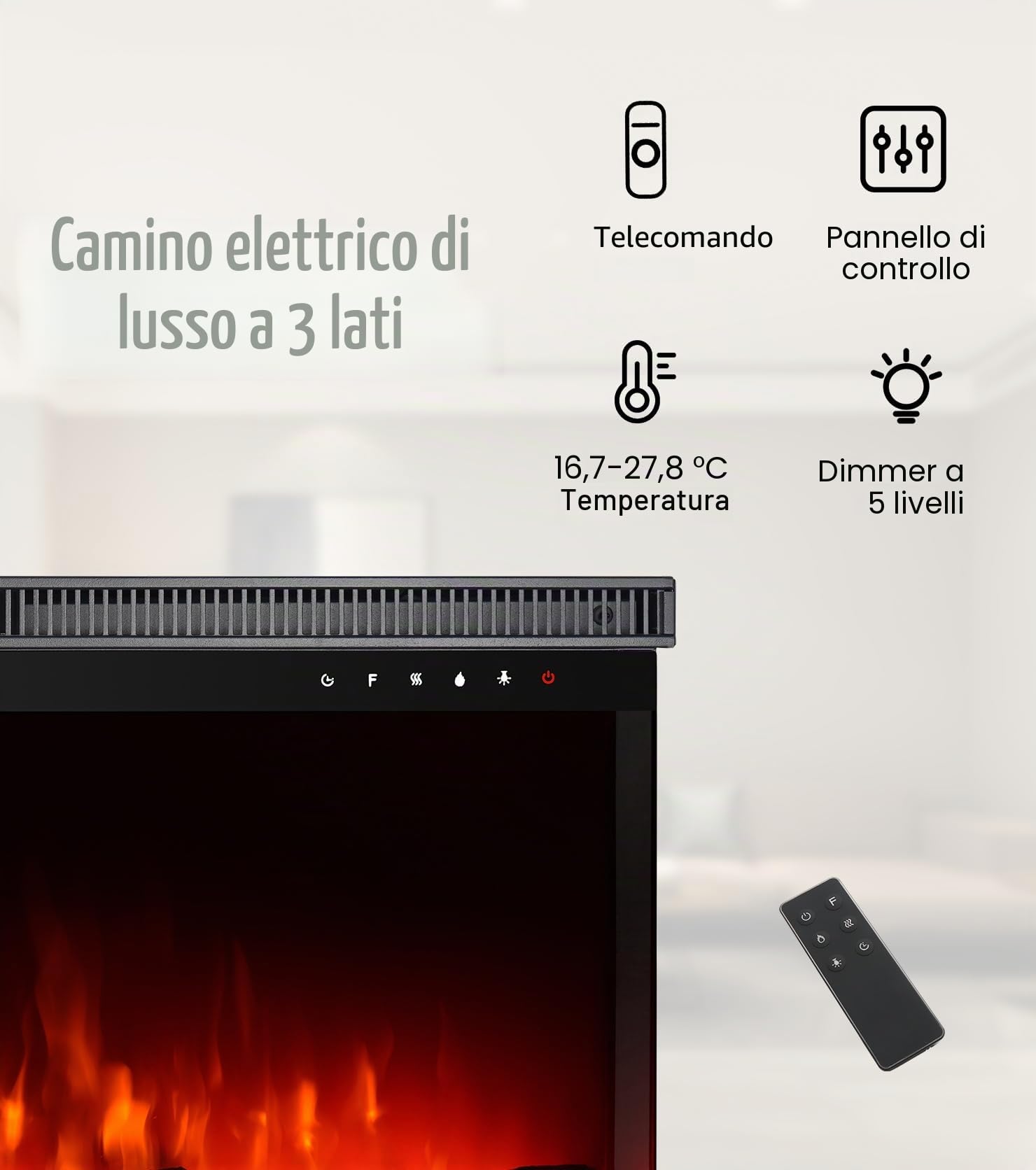 M.C.Haus Camino Elettrico di Lusso a 3 Lati con 3 Modalità di Installazione, Caminetto da Incasso su Parete Multimediale, Effetto Fiamma Elettrica con 9 Colori, 1800W, 127 cm/50", Nero