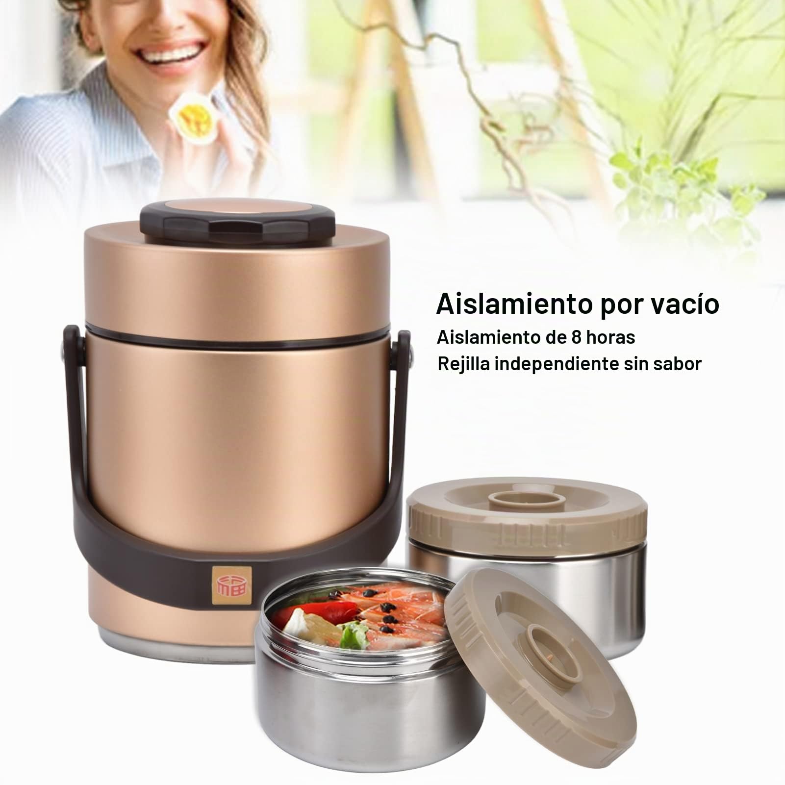 Jenngaoo Fiambrera Térmica al Vacío 2300ml Acero Inoxidable 2 Niveles, Contenedor Aislado Portátil para Almuerzo Frío/Caliente Adultos, Viajes, Picnic