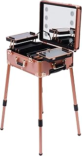 KumuJ Maletín de maquillaje profesional con 4 ruedas con iluminación y espejo, con patas ajustables, estación de maquillaje profesional con ruedas, color rosa