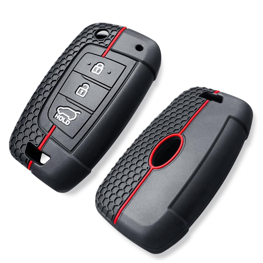 Silicone 3 Button Key Fob Cover Compatible with Hyundai - 2 Pcs Waterproof Cushiony High Quality Fob Cover for Accent Azera Creta Elanra Elantra Electric Kona Santa Fe Tuscon (Red)