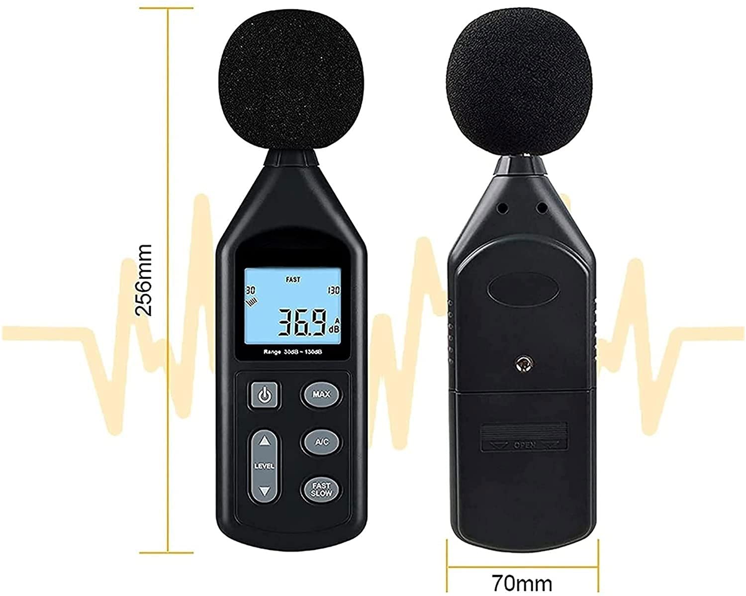 Medidor de decibelios, medidor nivel sonido digital 30 a 130 dB, dispositivo medición ruido audio con retroiluminación MÁX/MÍN y pantalla LCD