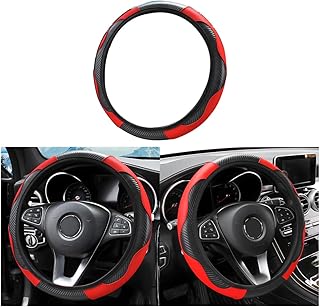 Adunsiaoto Steering Wheel Cover, Genuine Leather, Breathable, Anti-Slip, Breathable Steering Wheel Protection, Suitable for Car/SUV, Cosy Breathable Steering Wheel Protector (Red)