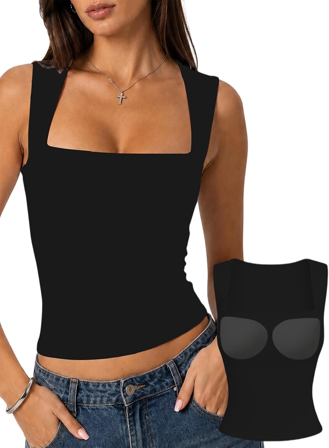 Danysu Padded Tank Tops for Women Double Line Square Neck Fitted Basic Cami