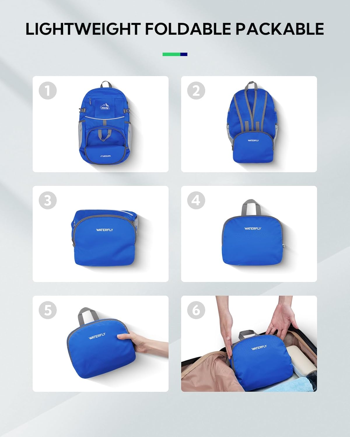 WATERFLY Hiking Packable Daypack Backpack: 25L Ultra Lightweight Day Pack for Woman Man - Small Compact Folding Back Pack for Outdoor Sport Cycling Camping Travel Trip - Blue