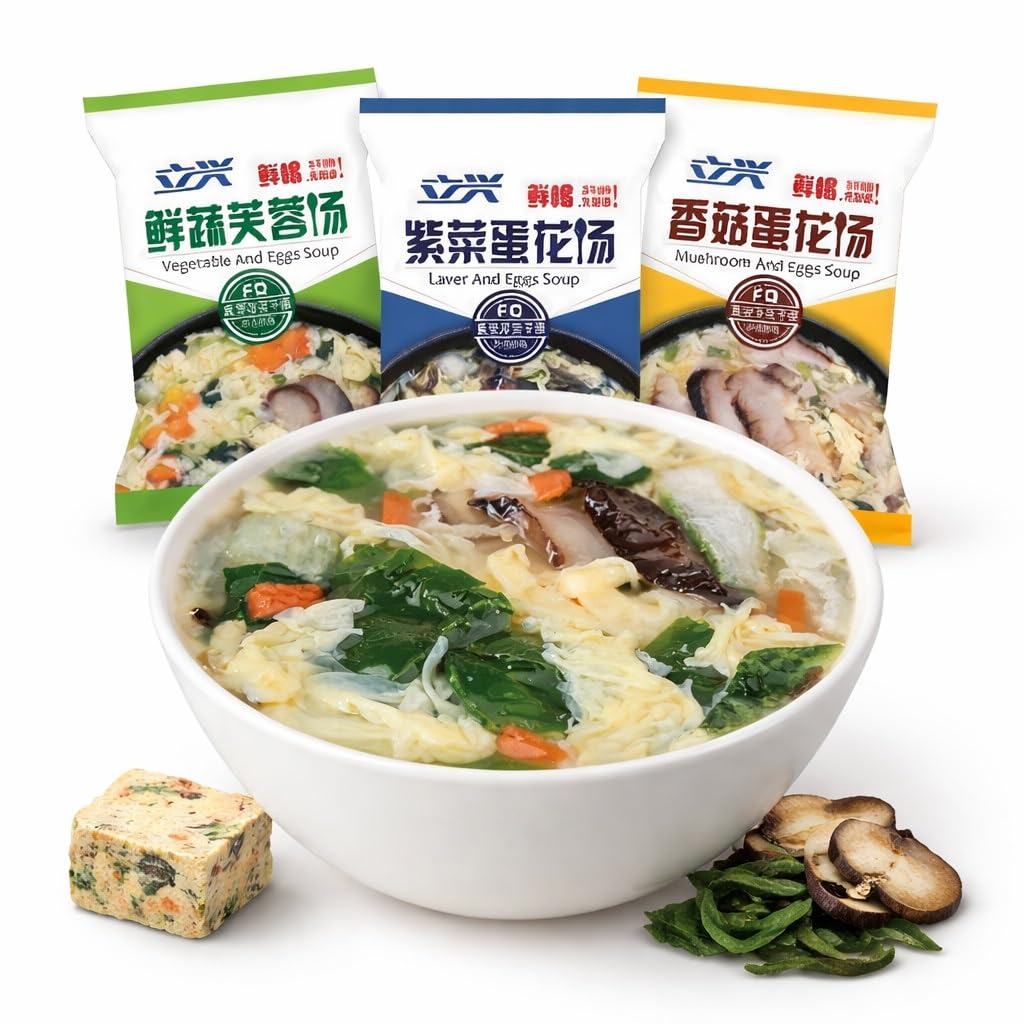 Mezcla De Sopa Instantánea 3 Sabores (8 G X 30 Paquetes) - Comida Fácil Liofilizada Champiñones Y Algas Vegetales