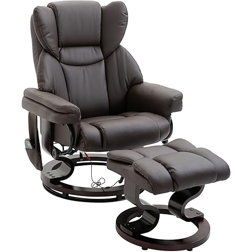 HOMCOM Massage Recliner Chair with Ottoman Footrest, 10 Vibration Points, 360° Swivel Reclining Chair, Faux Leather Living Room Chair with Side Pocket and Remote Control, Brown