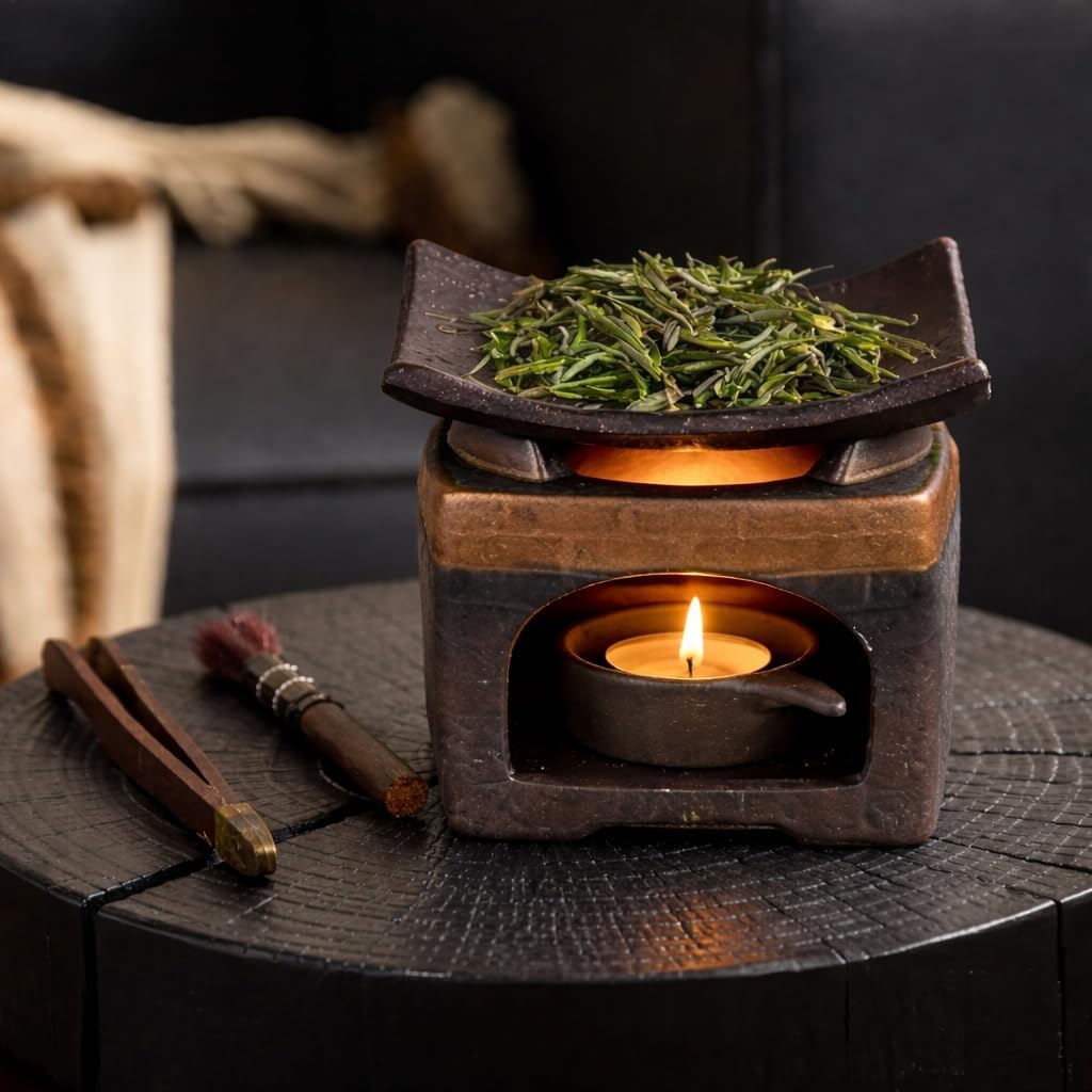 Cedar Aromatherapy Burner & Ceramic Oil Warmer for Home & Office (Heat-Resistant Baking Tray + Eaves Oven + Accessories)