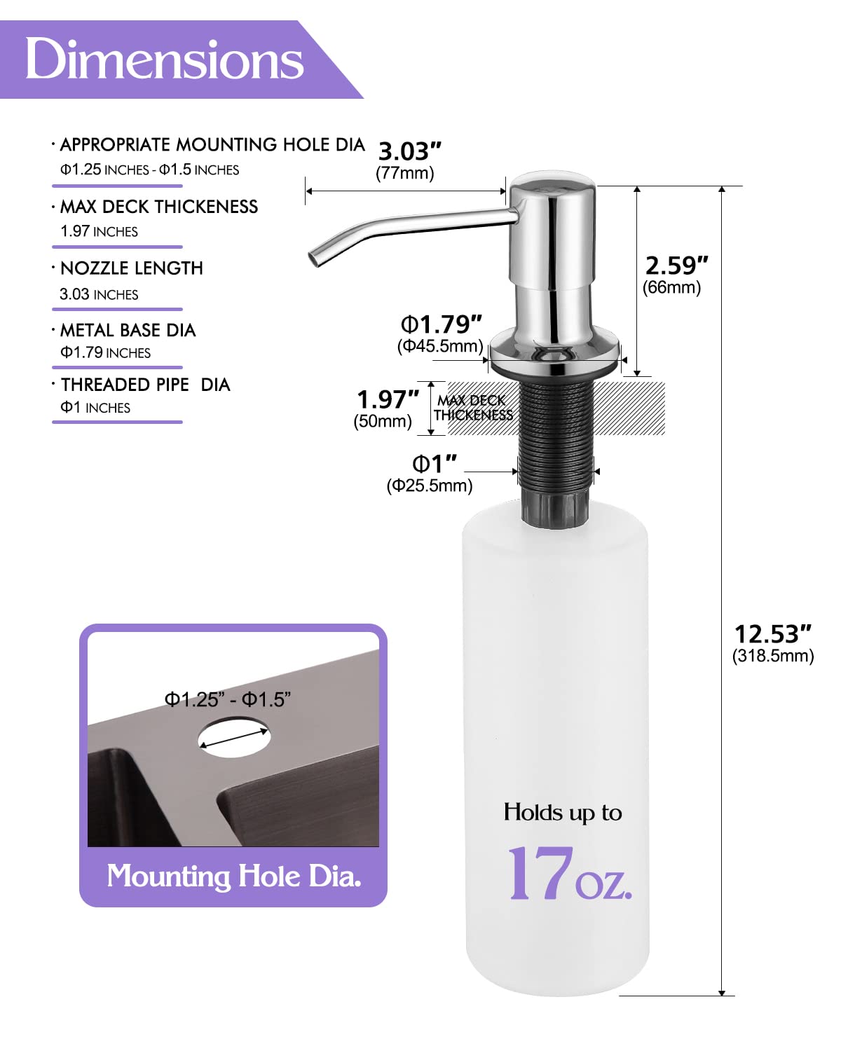 Dispensador de jabón integrado para fregadero de cocina, acero inoxidable (cromo), juego de bomba para jabón o loción, recarga desde la parte superior, dispensador de jabón para encimera, 17 onzas