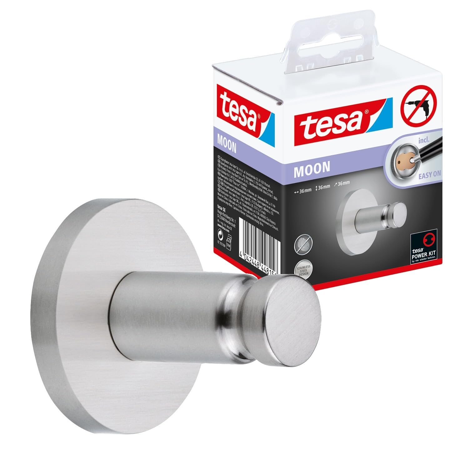 tesa MOON Bathroom Hook - No Drill Chromed Metal Self-Adhesive Hook for the Bathroom in Round Design - Stainless - Waterproof - Includes Removable Glue Solution