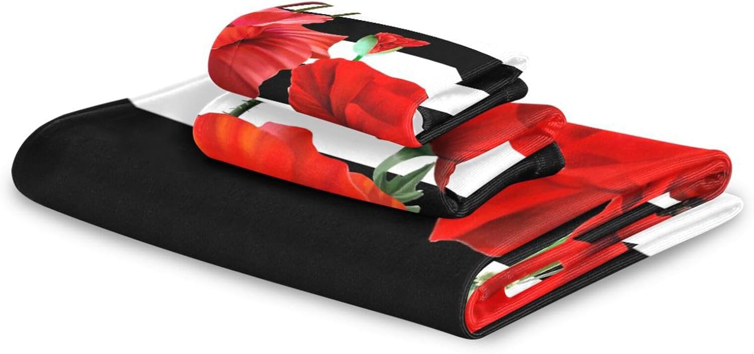 Red Poppy Bath Towels Soft Absorbent 3 Piece Black White Striped Towel Set,1 Bath Towel+1 Hand Towel+1 Washcloth,Nature Botanical Floral Decorative Towels for Bathroom,Shower,Gym,Spa,Beach