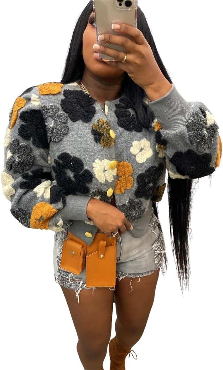 Women's 3D Flower Cropped Bomber Jacket Button Down Varsity Jackets