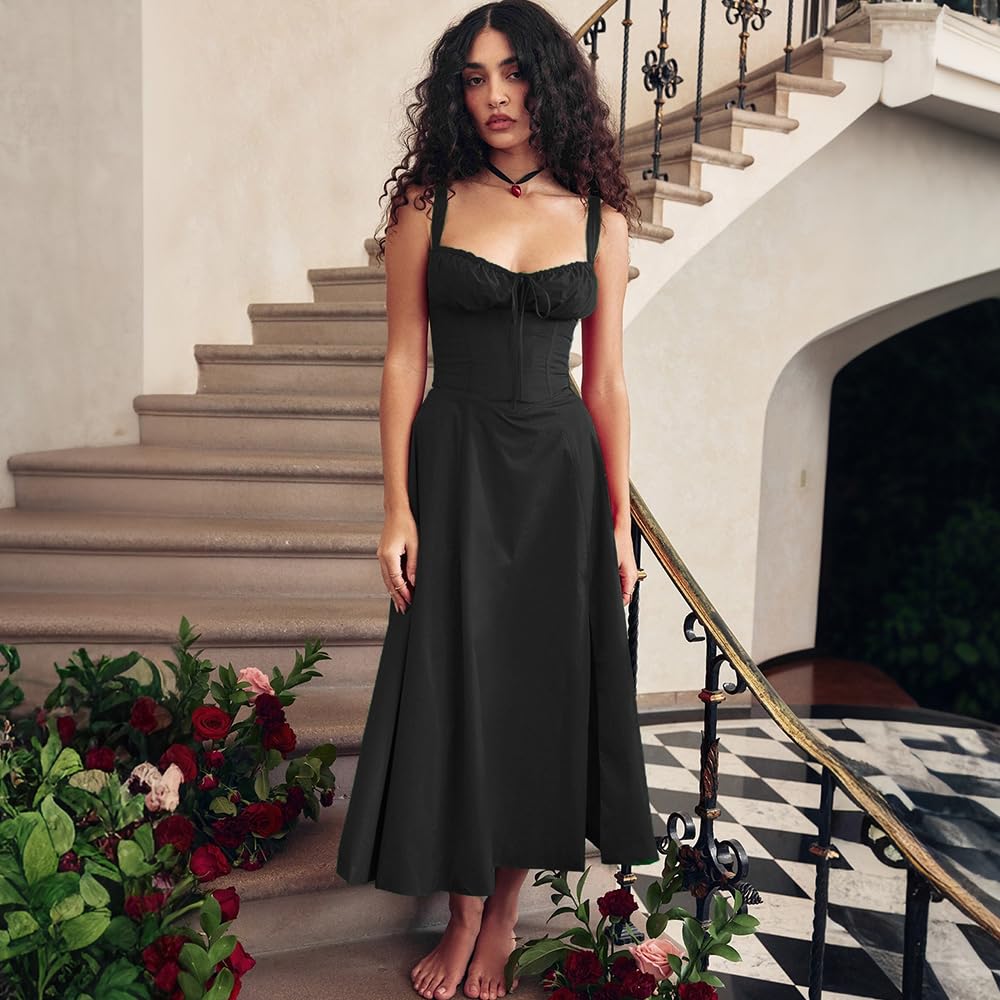 Vestito Donna Elegante Senza Manica Lungo Spaghetti Strap Sexy Spacco Slim Abito da Festa Cocktail Sera Partito Banchetto
