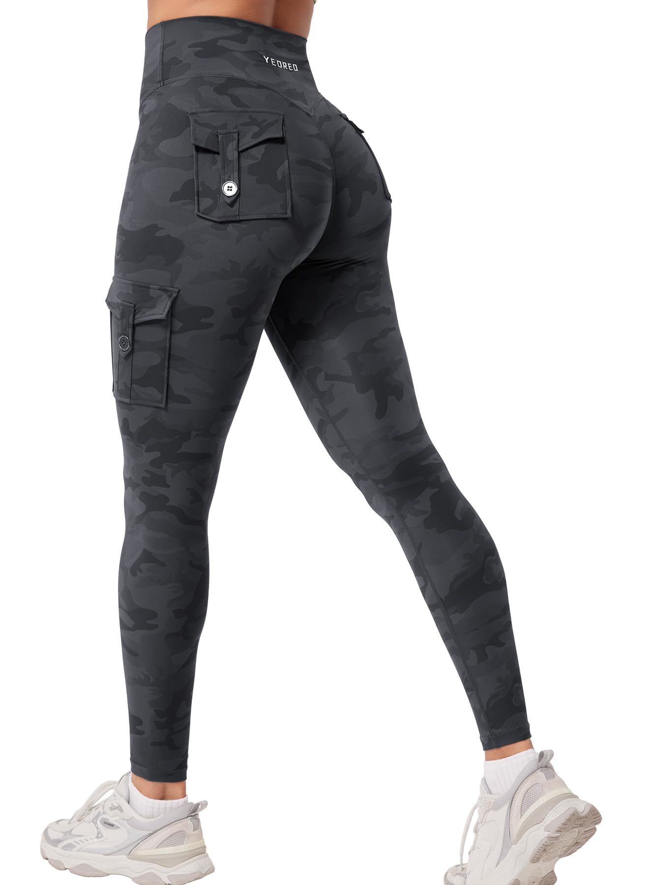 YEOREO CoreFlex Sport Leggings Damen Mit Taschen Invisible Scrunch Butt Gym Leggings High Waist Boom Booty Seamless Push Up Blickdicht Yoga Sport Leggings Schwarzes Tarnmuster M