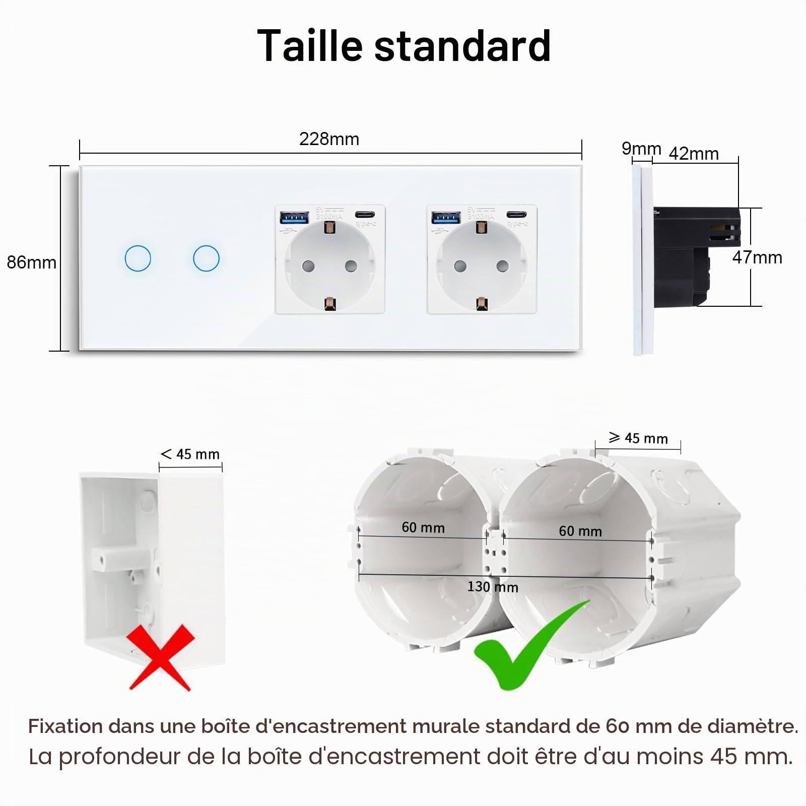 CNBINGO Interrupteur tactile et double prise USB (charge rapide type C+A, 20 W) – Prise Schuko encastrée – Interrupteur mural en verre double avec LED