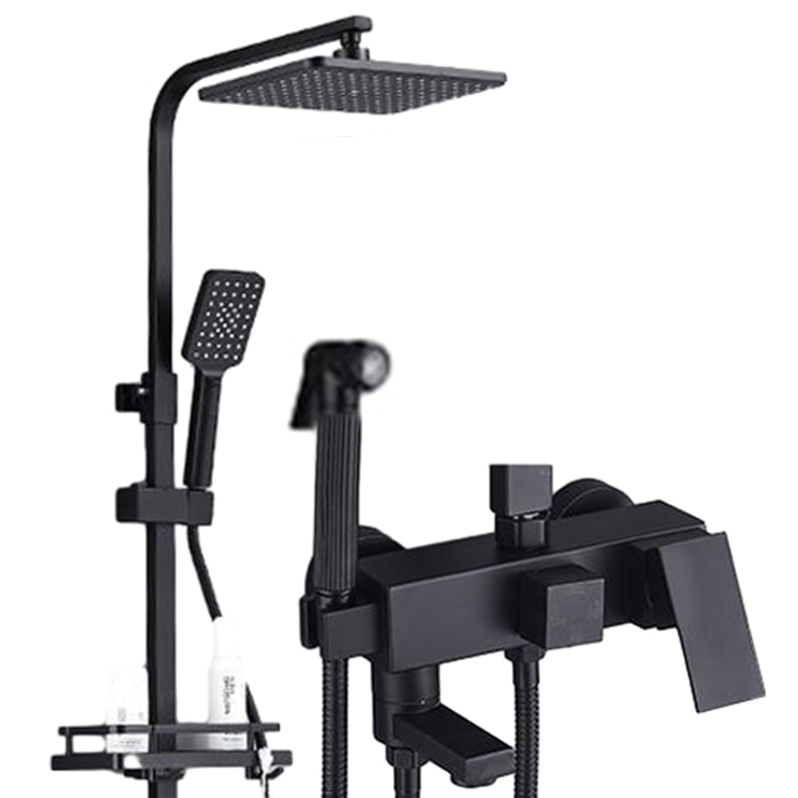 Système de douche noir mat apparent avec mitigeur 4 fonctions et bec baignoire