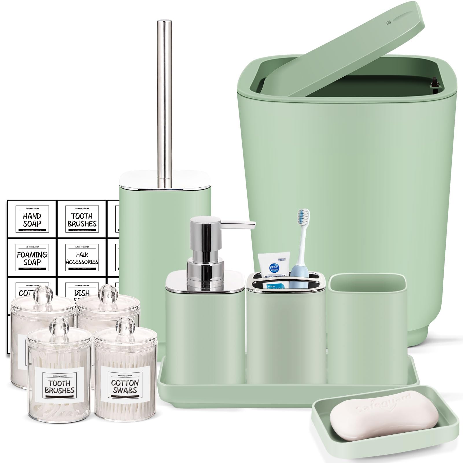 Green Bathroom Accessories,11Piece Bathroom Set,Tray,Toothbrush Holder,Toothbrush Cup,Soap Dispenser,Soap Dish,Toilet Brush,Trash Can,Qtip Holders for Bathroom Décor and Housewarming Gifts