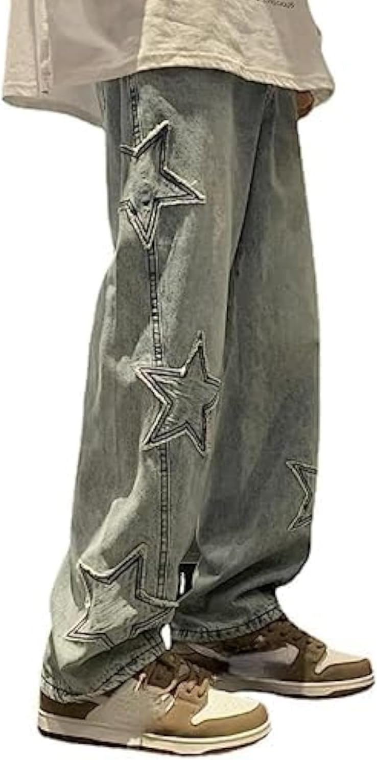 Womens Baggy Jeans Star Patchwork Y2K Jeans High Waisted Straight Leg Emo Grunge Pants Vintage Harajuku Streetwear