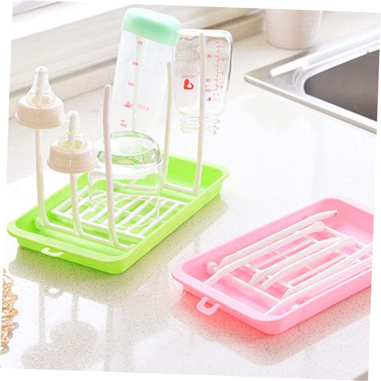 TIDTALEO 2pcs Bottle Drying Rack Compact Foldable Bottle Dryer with Drain Tray for Pacifiers Cups Safe Material Space-Saving Kitchen Organizer for Feeding Accessories Random Color
