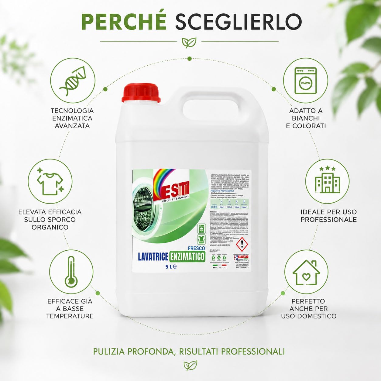 Detersivo Lavatrice Enzimatico Professionale 10L, 200 Lavaggi - Rimuove Macchie Ostinate da Tessuti Bianchi e Colorati, Cotone e Sintetici, Freschezza Duratura