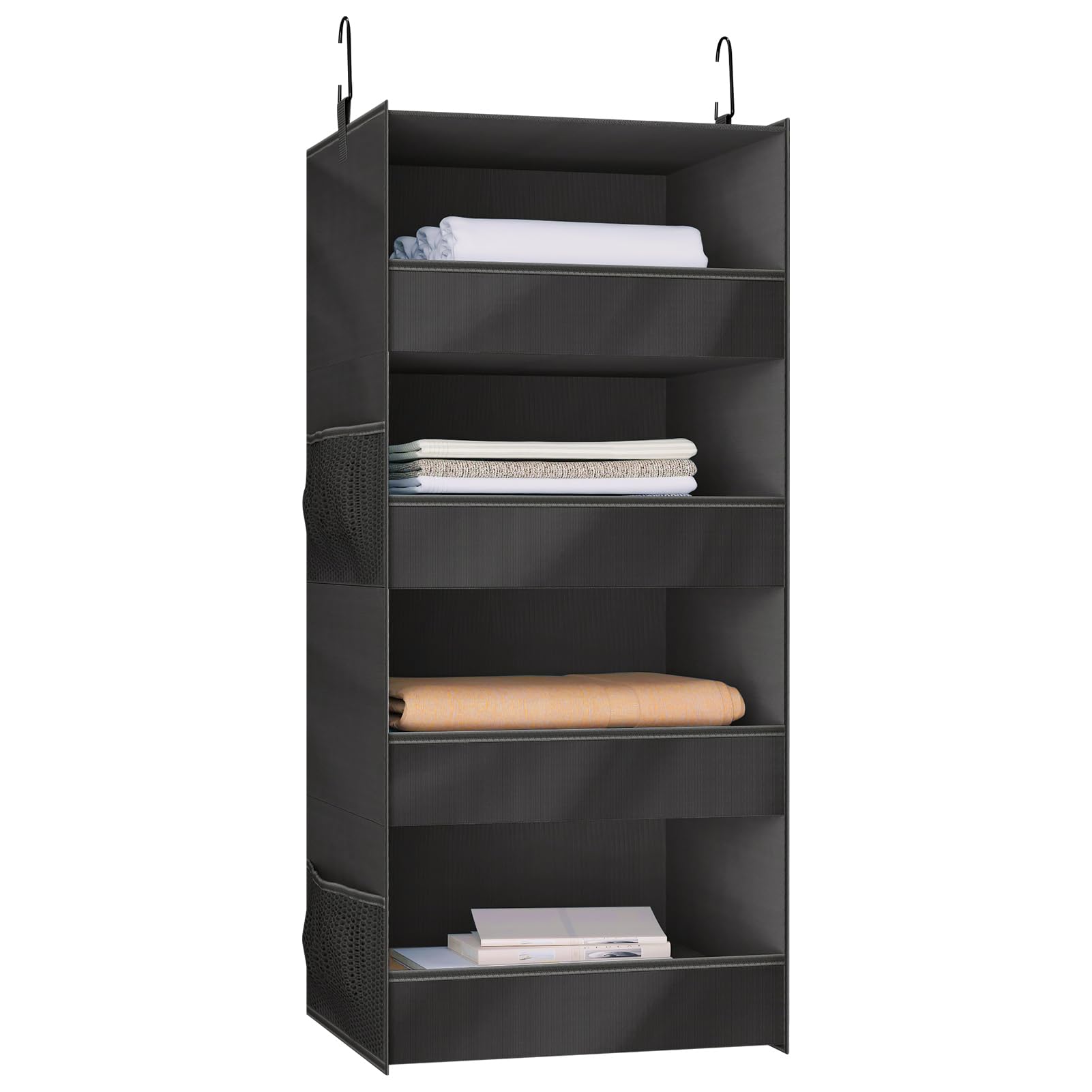 Bosuelife 4-Shelf Hanging Closet Organizer and Storage Foldable Hanging Closet Shelves Front Lip Design Washable Hanging Storage, Black