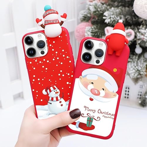 Miniatura 3 de Paquete de 2 bonitas fundas de Navidad para iPhone 13 Pro Max, diseño rojo 3D de muñeco de nieve, diseño de Papá Noel, muñeco de nieve, de silicona
