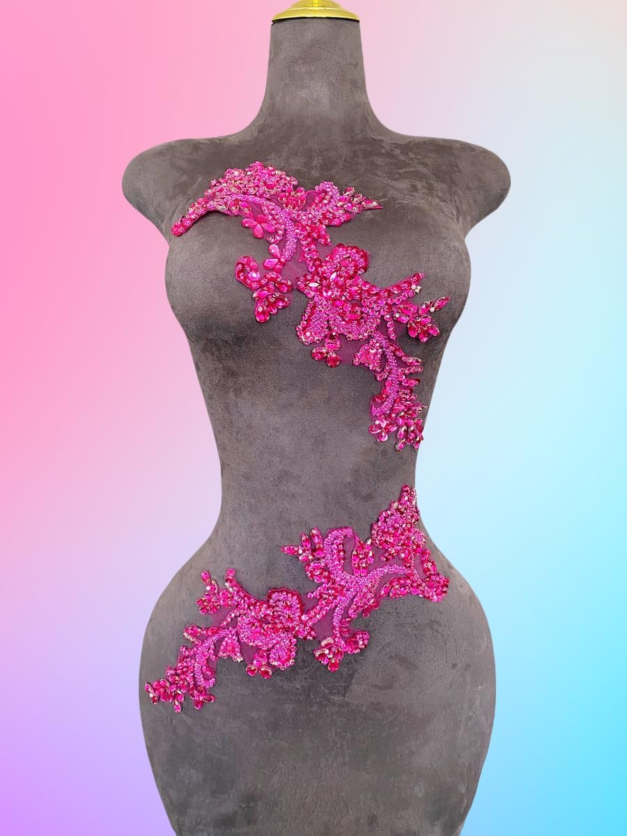 Handmade Rhinestones on Lace Applique Trim Sewing Beads Sequins Trim Patches for Wedding Dress Accessories 1Pair/Bag (Rose red)