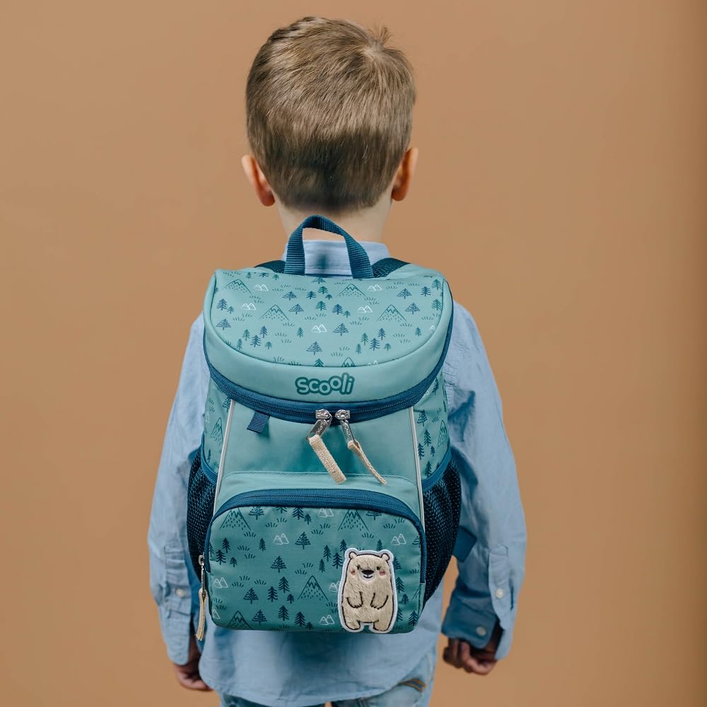 Familando Scooli Mini-Me Kindergarten Rucksack für Jungen und Mädchen | 4-TLG. Set mit Brotdose und Trinkflasche | Ergonomischer Vorschulrucksack für die Kita | Bobby Bär Blau