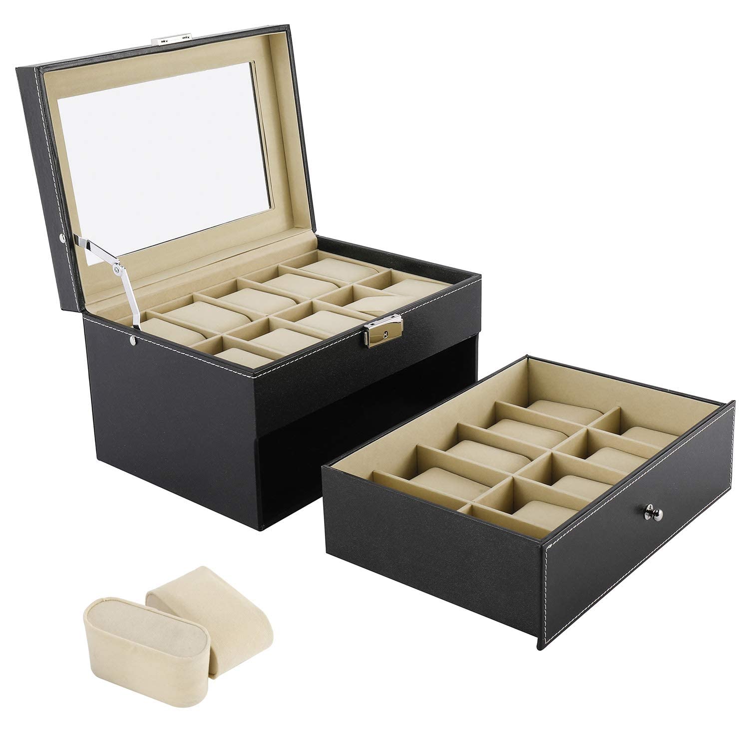 NovelBee Watch Boxes Jewelry Display Cases with Removable Cushions,Framed Glass and Secure Lock for Watch Jewelry Storage (20 Slots) (B0869DWPRC) Amazon Price History, Amazon Price Tracker
