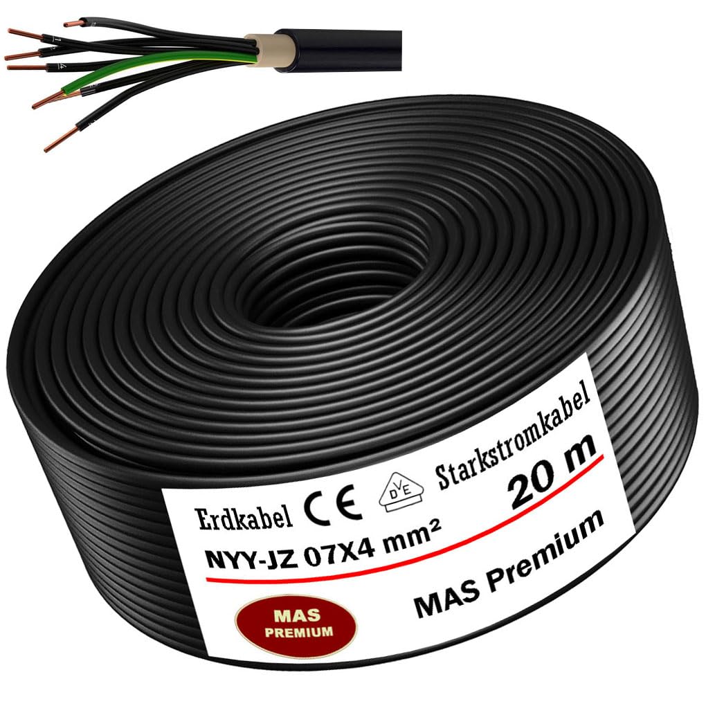 MAS Premium Erdkabel Starkstromkabel 5-100m NYY-JZ 7X1,5, 2,5 oder 4 Elektrokabel Ring zur Verlegung im Freien, Erdreich (NYY-JZ 7X4 mm², 20m)