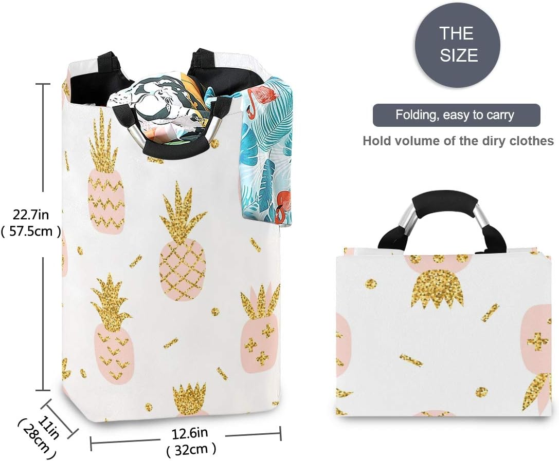 senya Pink Pineapple with Gold Glitter Large Storage Basket with Handles Collapsible Organizer Bin Laundry Hamper for Nursery Clothes Toys