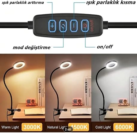 Akrobat Hareketli 5x Büyüteçli Led Işıklı Masa Çalışma Lambası -Klips Tipi-USB Kablolu