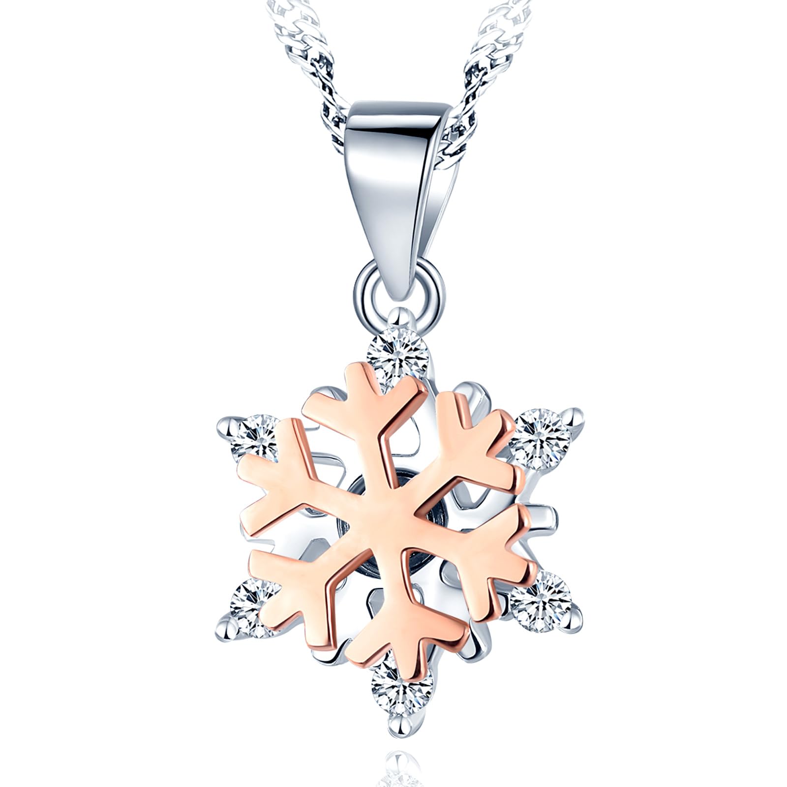 Collana Fiocco Di Neve In Argento 925 Con Zirconia Bianca - Ciondolo Girevole Oro Rosa E Argento - Catena 45 Cm