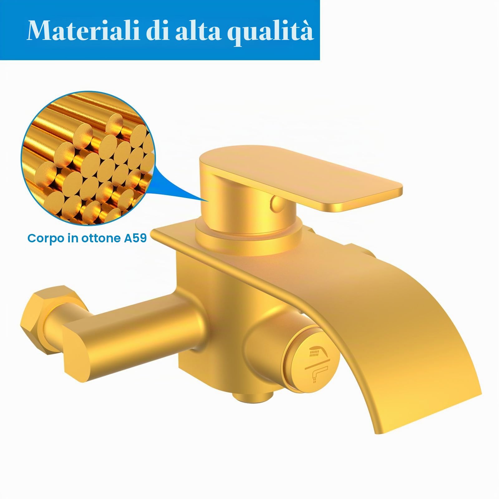 KULACO Rubinetto per Vasca da Bagno a Cascata, Nero, Monomando con Interruttore a Pressione, Materiale in Ottone, Reversibile, Montaggio a Parete
