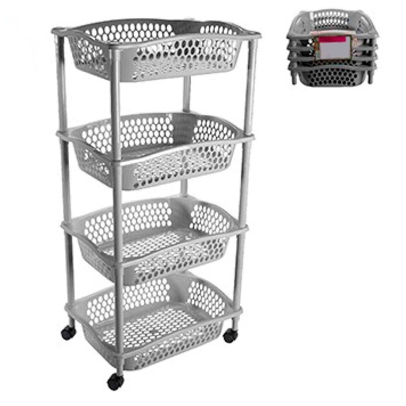 Acan Tradineur Carrello Verdulero con Ruote Modello HG Realizzato in Plastica Multiuso per Organizzare gli Spazi Domestici - 4 Cestini - 90x41x30 cm - Colore: Grigio