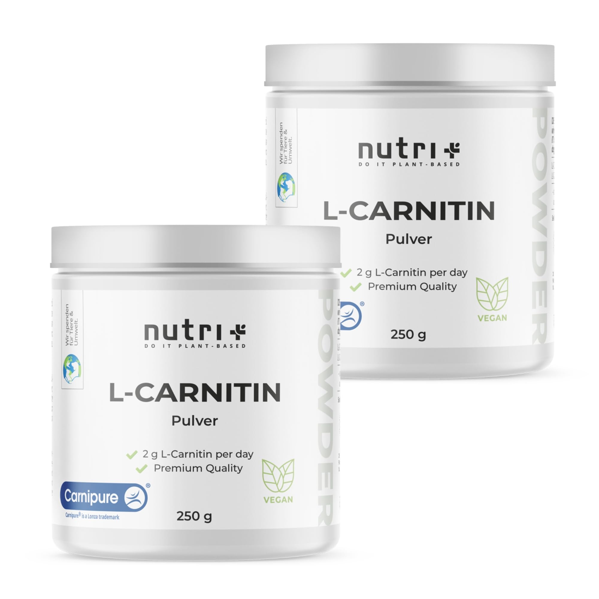nutri + L-carnitina in Polvere - 100% Carnitina Tartrato vegan Pure Powder 250 g - 3000mg per Porzione - Acido tartarico senza Additivi