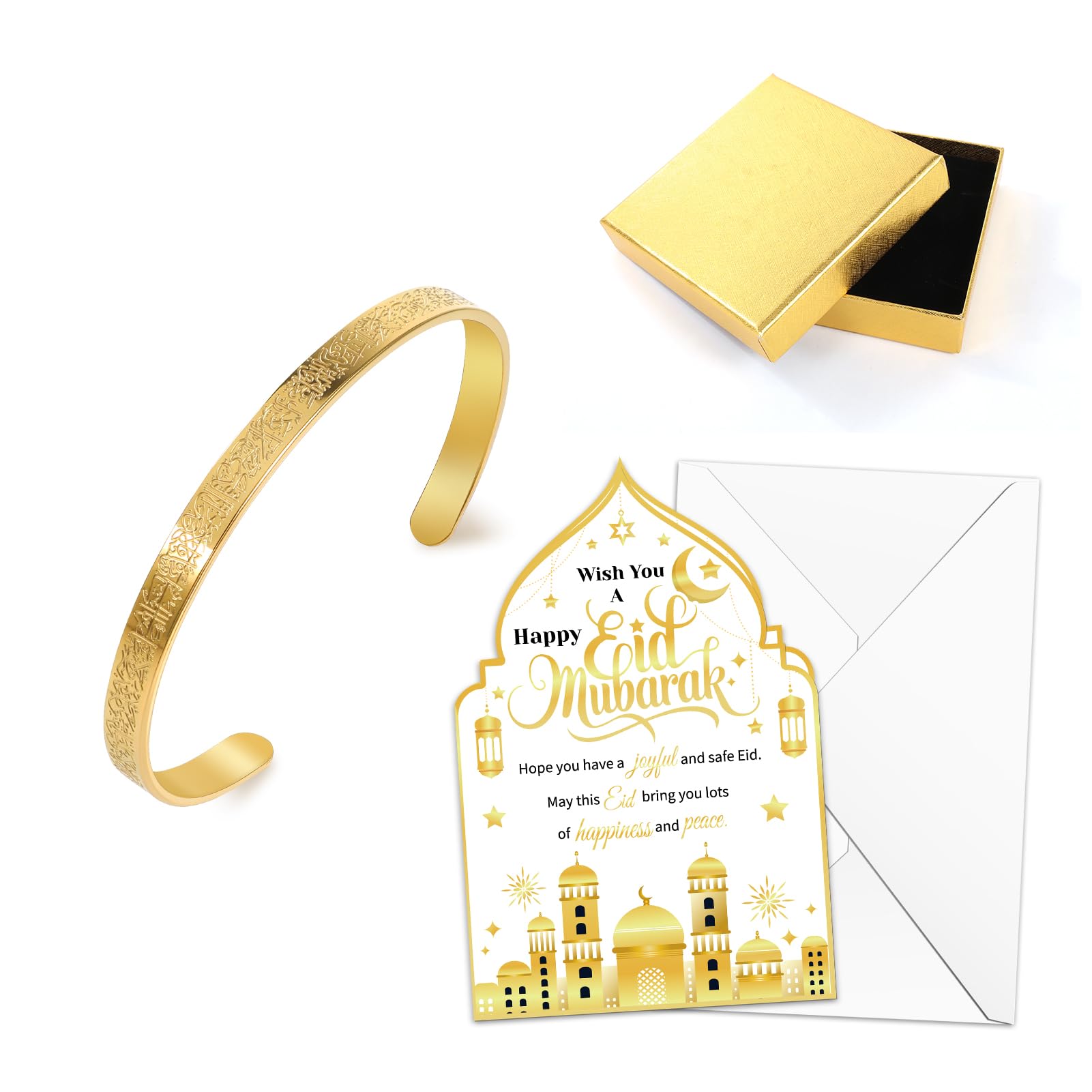Eid Gifts Set with Mosque Shape Card & Allah Gold Bangles Bracelets - Eid Mubarak Greeting Card with Envelope and Ayatul Kursi Arabic Cuff Bracelet with Box, Eid al-Fitr Present for Women, Muslim Celebration Gift Set